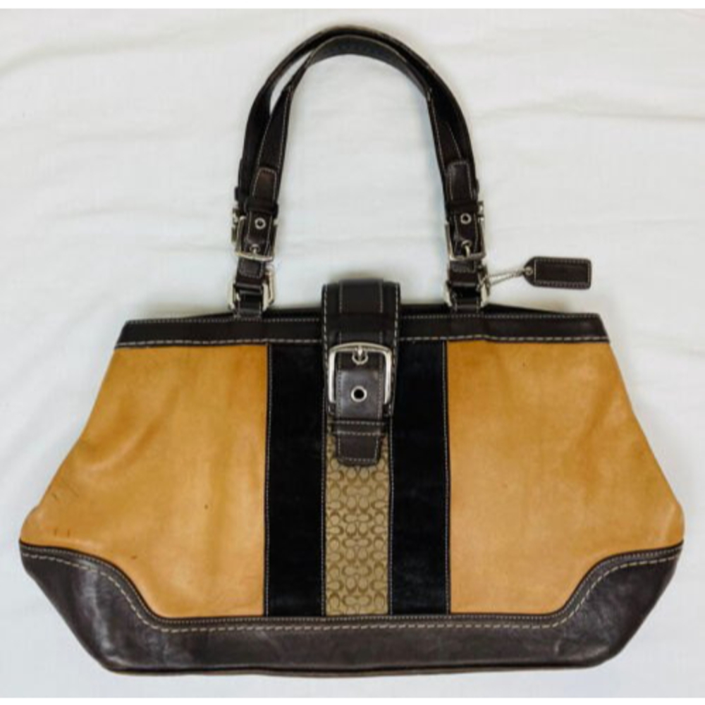 Coach Hamptons Legacy Leather Tote Satchel Purse Signature Stripe Brown Caramel